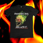 Black t-shirt with "GREEN NEW DEAL" at top and "DEAL WITH IT." at bottom. Flaming skull design in center. Flames background image.