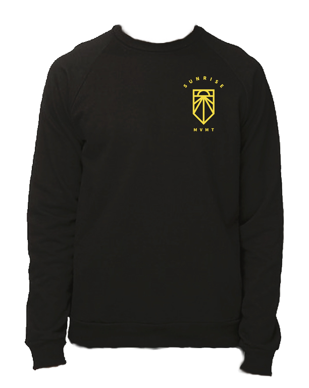 Black crewneck t-shirt with yellow "SUNRISE MVMT" and Sunrise Logo in pocket area