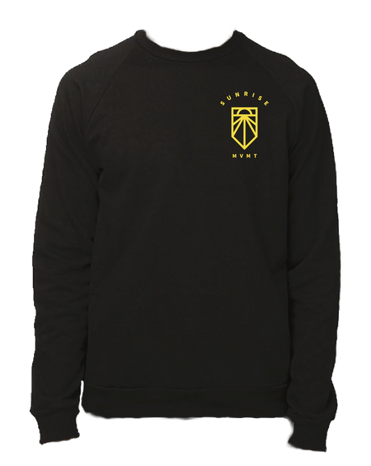 Black crewneck t-shirt with yellow "SUNRISE MVMT" and Sunrise Logo in pocket area