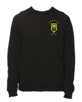 Black crewneck t-shirt with yellow "SUNRISE MVMT" and Sunrise Logo in pocket area