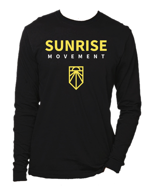 Black Sunrise longsleeve tee-shirt with "SUNRISE MOVEMENT" and Sunrise logo.