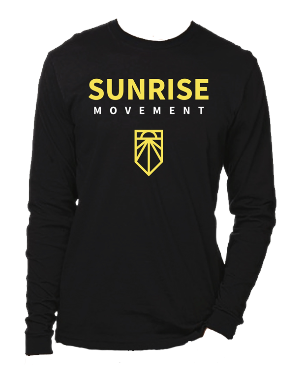 Black Sunrise longsleeve tee-shirt with "SUNRISE MOVEMENT" and Sunrise logo.